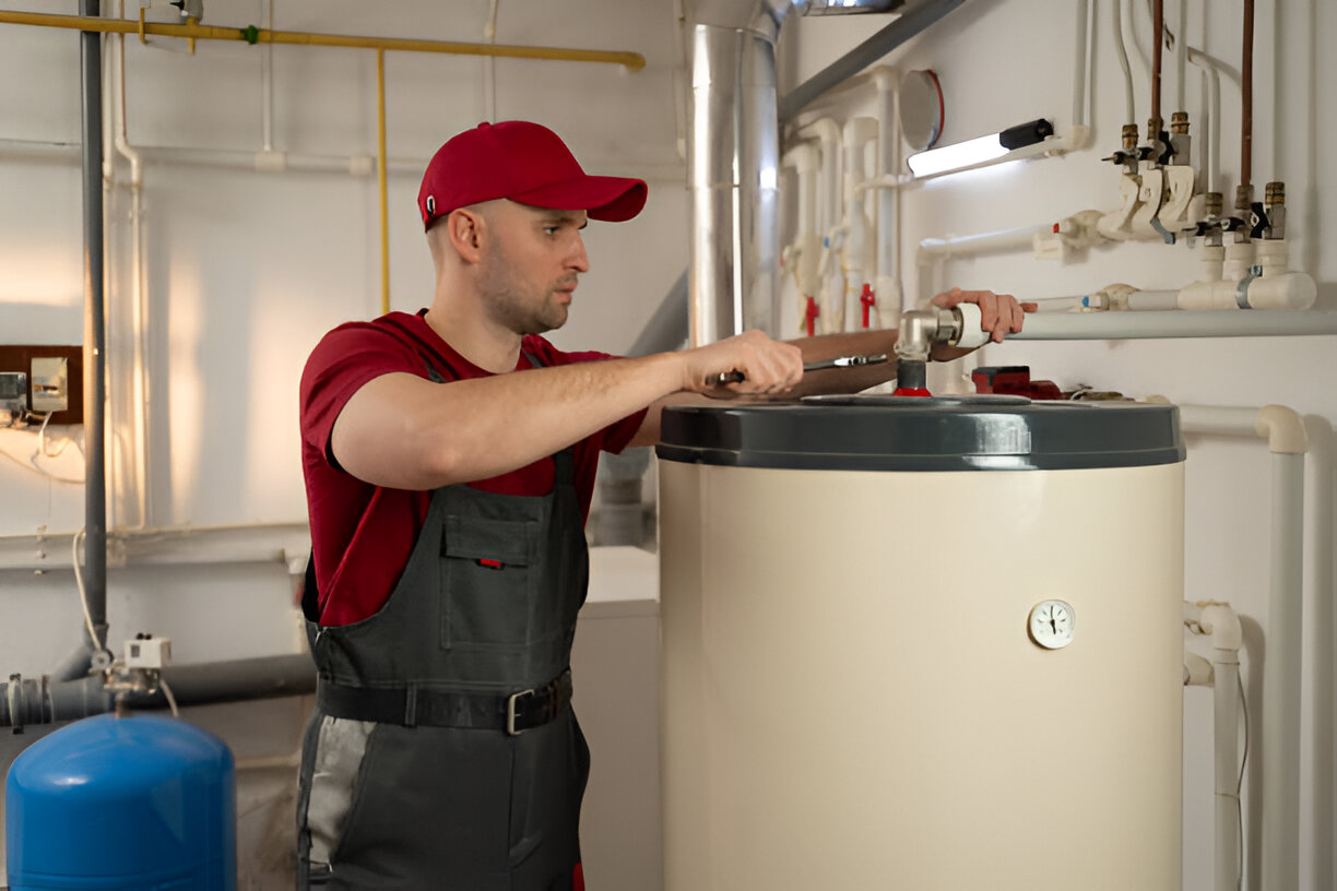 Large gray water heater with electrical panel and blue toolbox