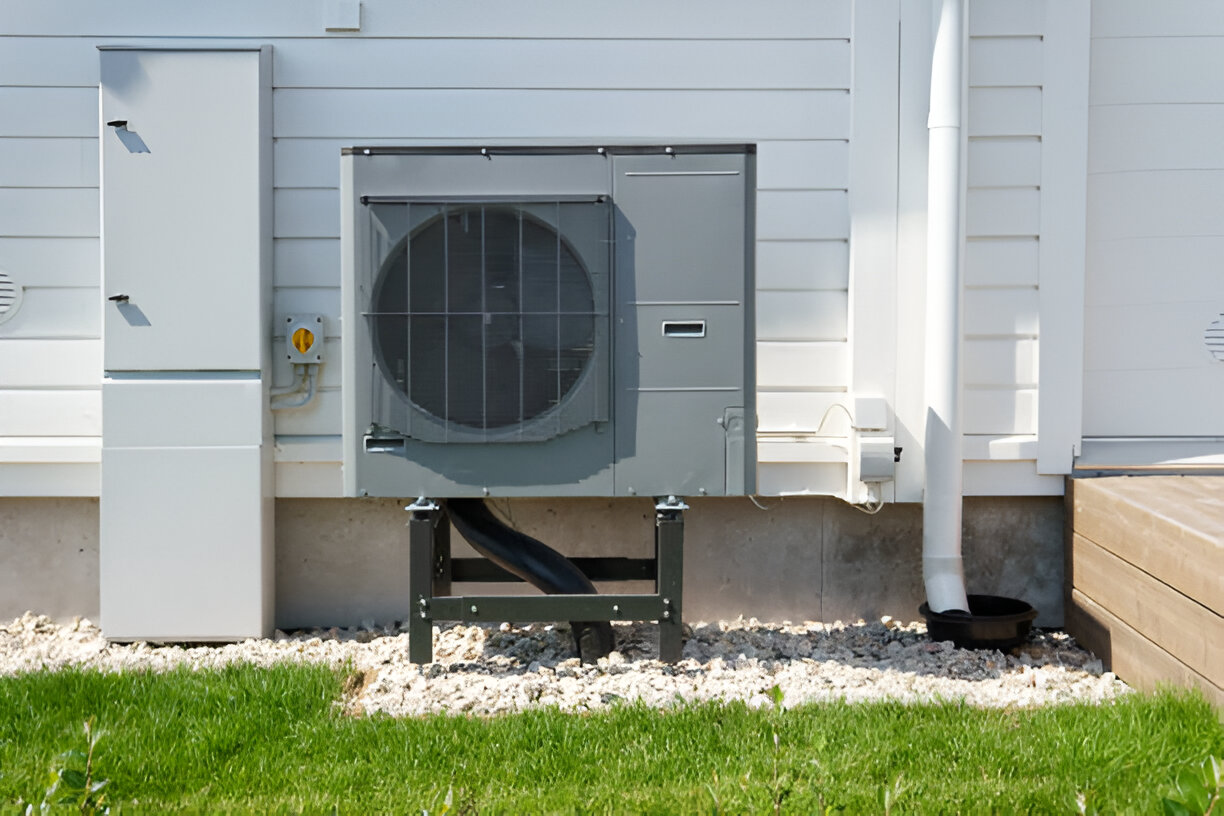Gray heat pump installed on concrete base next to white building and grass