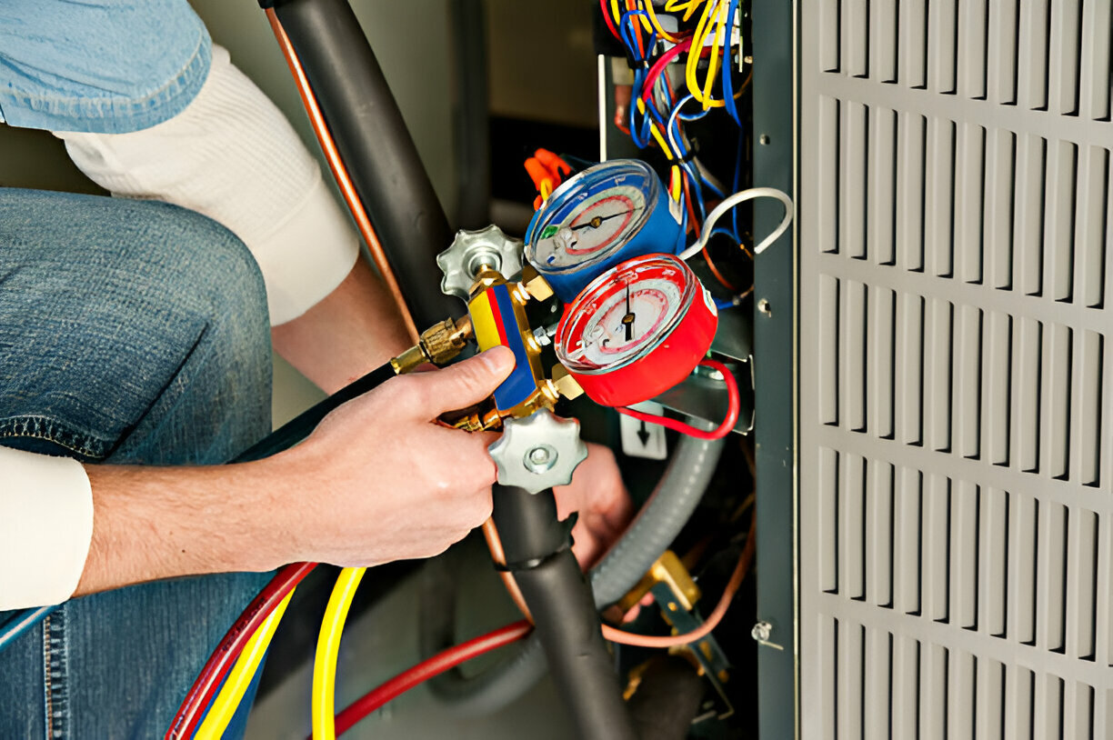 Technician checking pressure gauges on HVAC system electrical panel