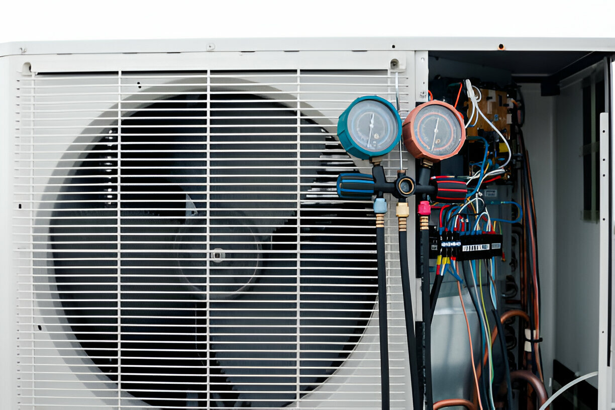 Air conditioner unit with pressure gauges and internal electrical wiring exposed