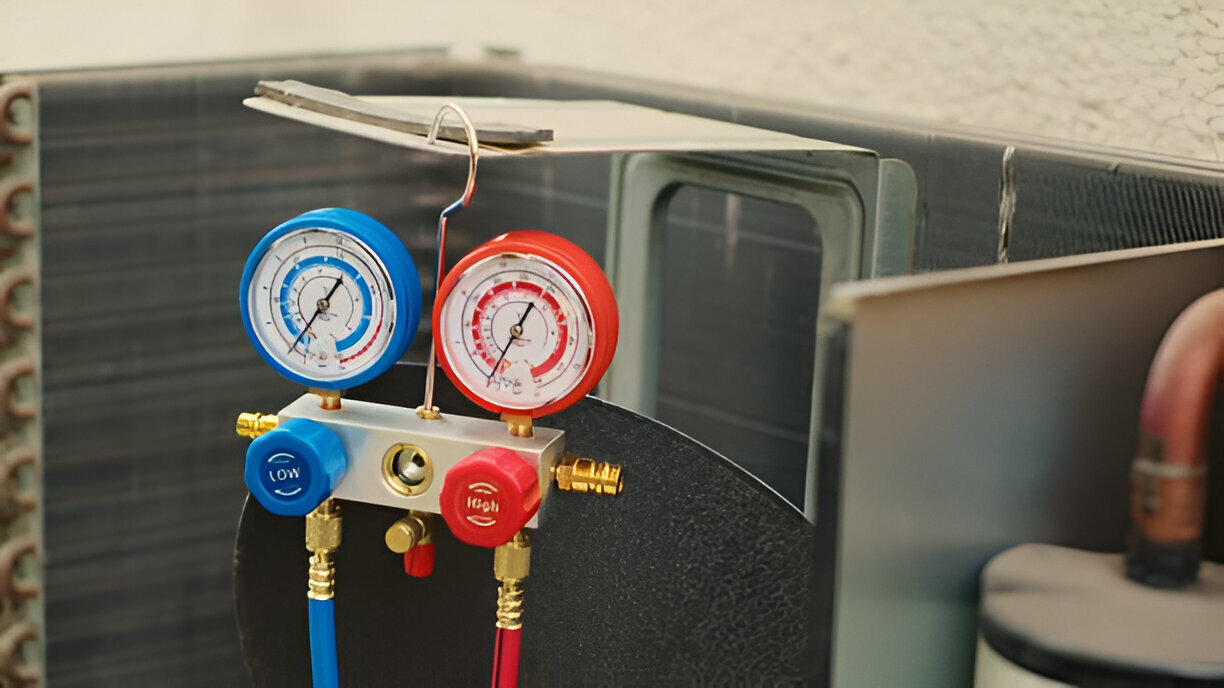 Pressure gauges in blue and red connected to HVAC equipment