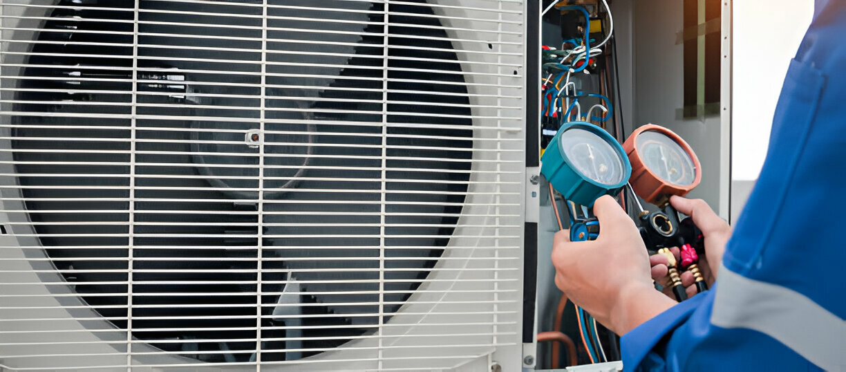 Technician checking pressure gauges on air conditioning unit