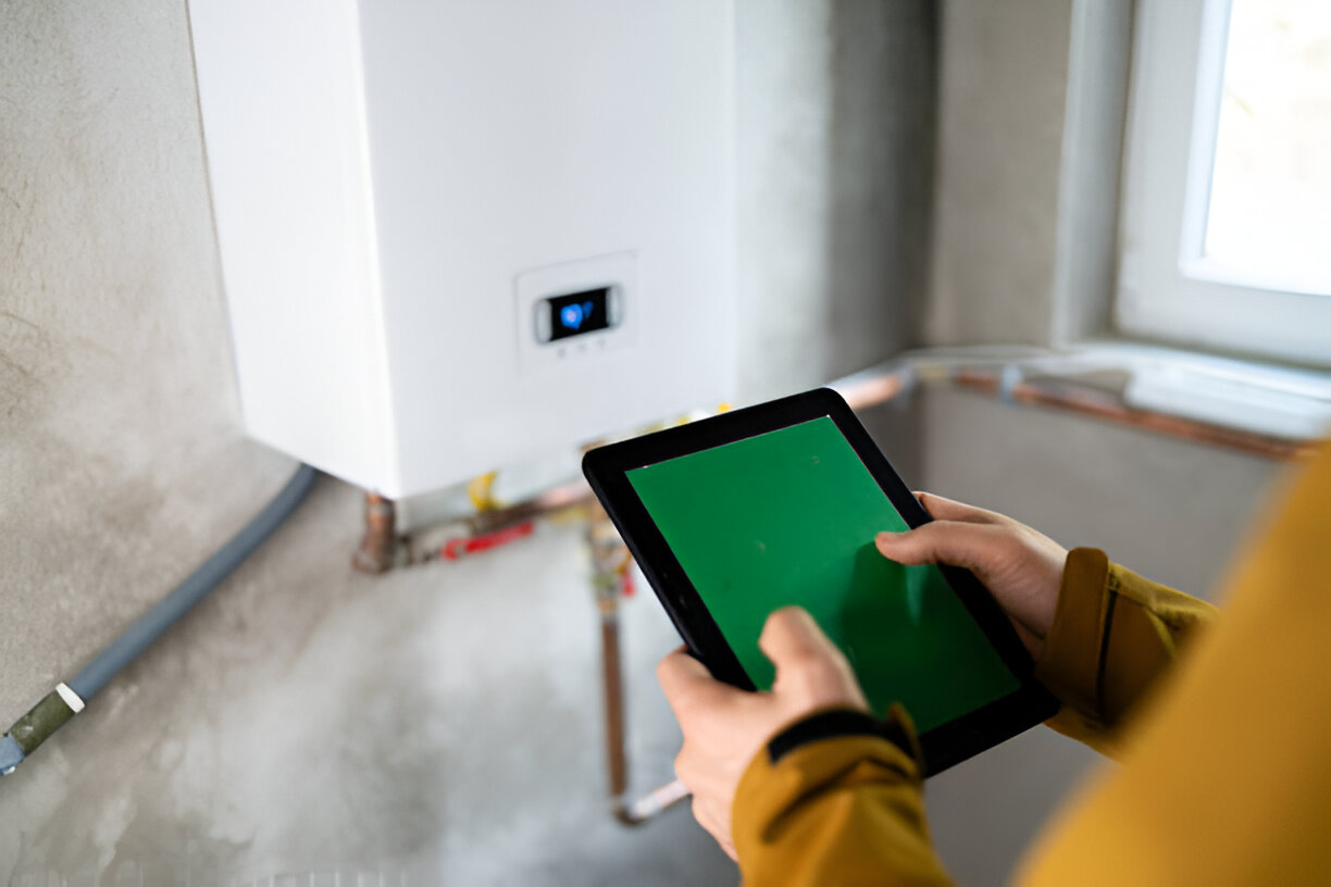 Person using tablet with green screen near wall-mounted device