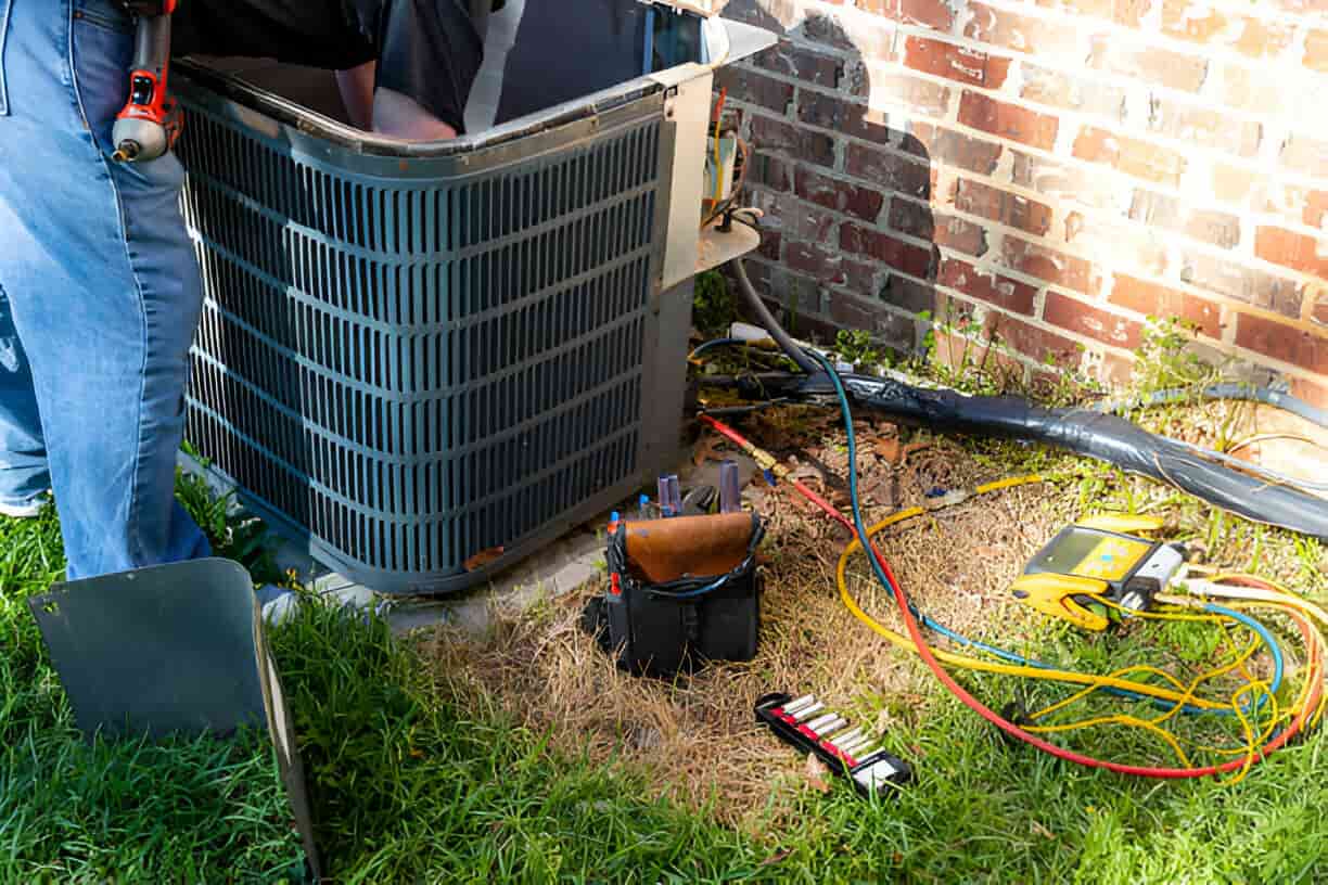 HVAC technician repairing air conditioning unit with tools and equipment