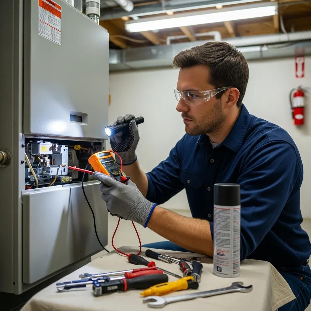 Technician inspecting furnace ignition system, highlighting professional maintenance and safety