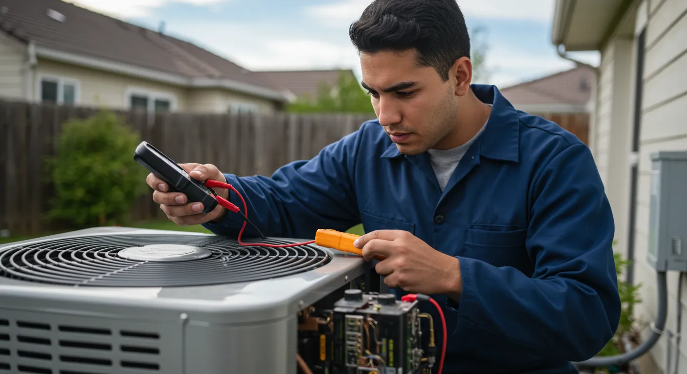 A close shot of person tuning up an AC using tools 