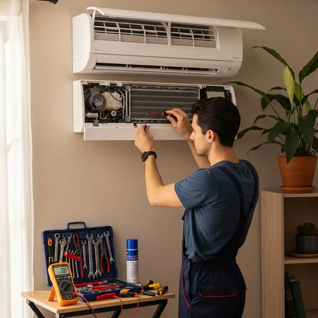 Technician performing air conditioner maintenance in a home setting