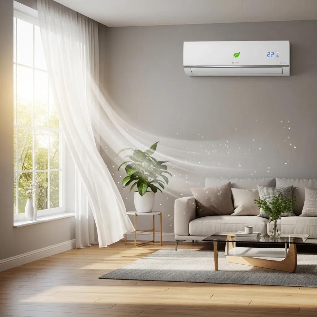 Modern energy-efficient air conditioning unit in a bright living room