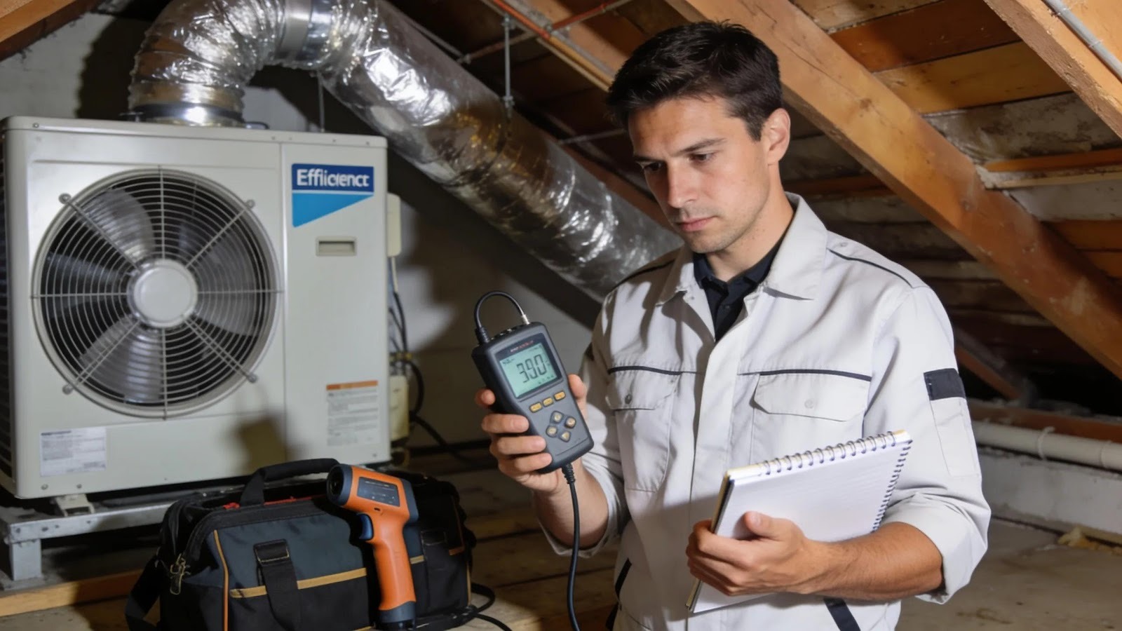 HVAC professional assessing home installation needs for energy-efficient systems