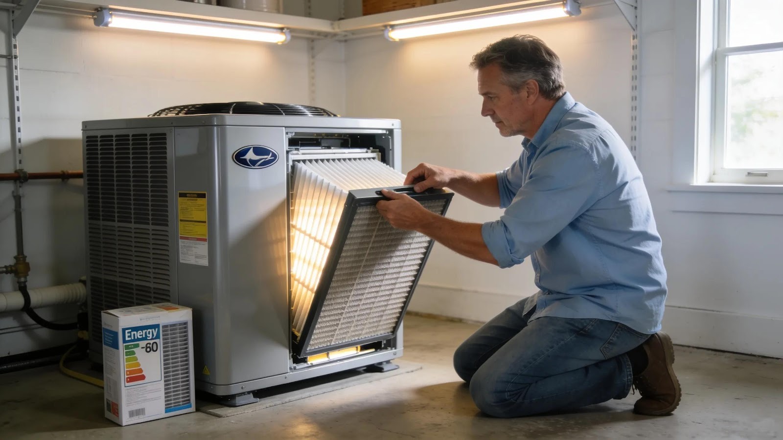 Homeowner changing air filters in energy-efficient HVAC system