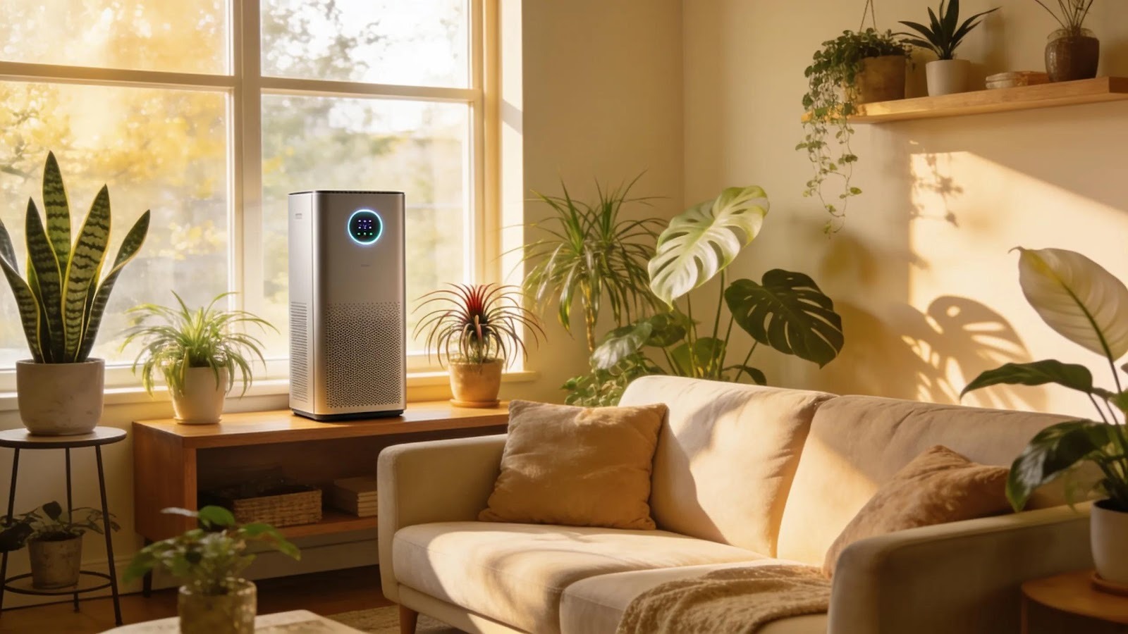 Welcoming living room with houseplants and air purifier, emphasizing healthy indoor air quality