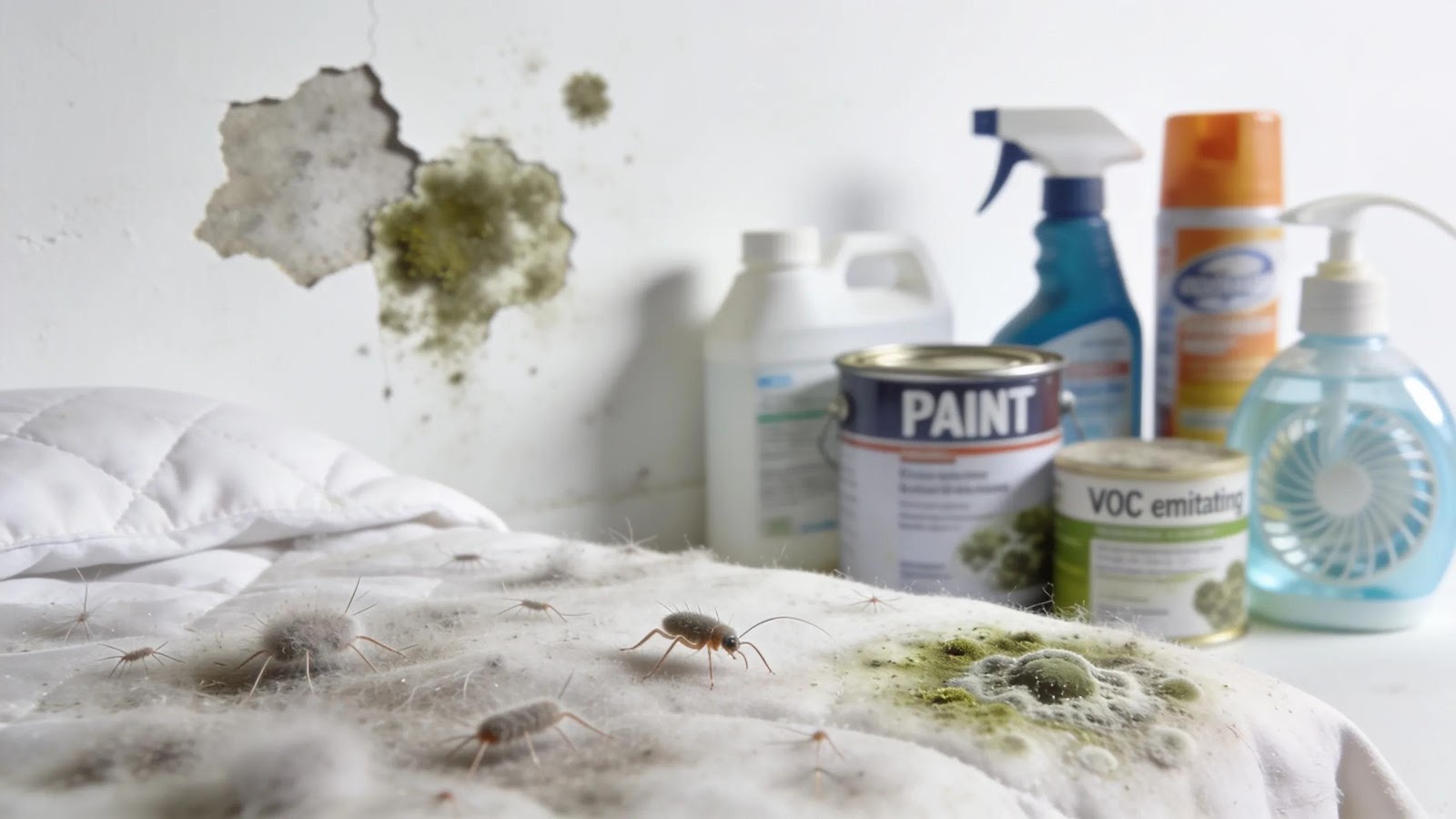 Close-up of household allergens like dust mites, mold, and VOC sources, highlighting indoor air pollution