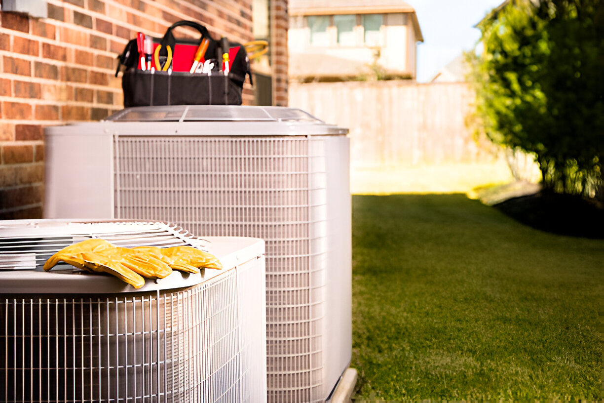 HVAC technician's tools and yellow gloves on air conditioning unit