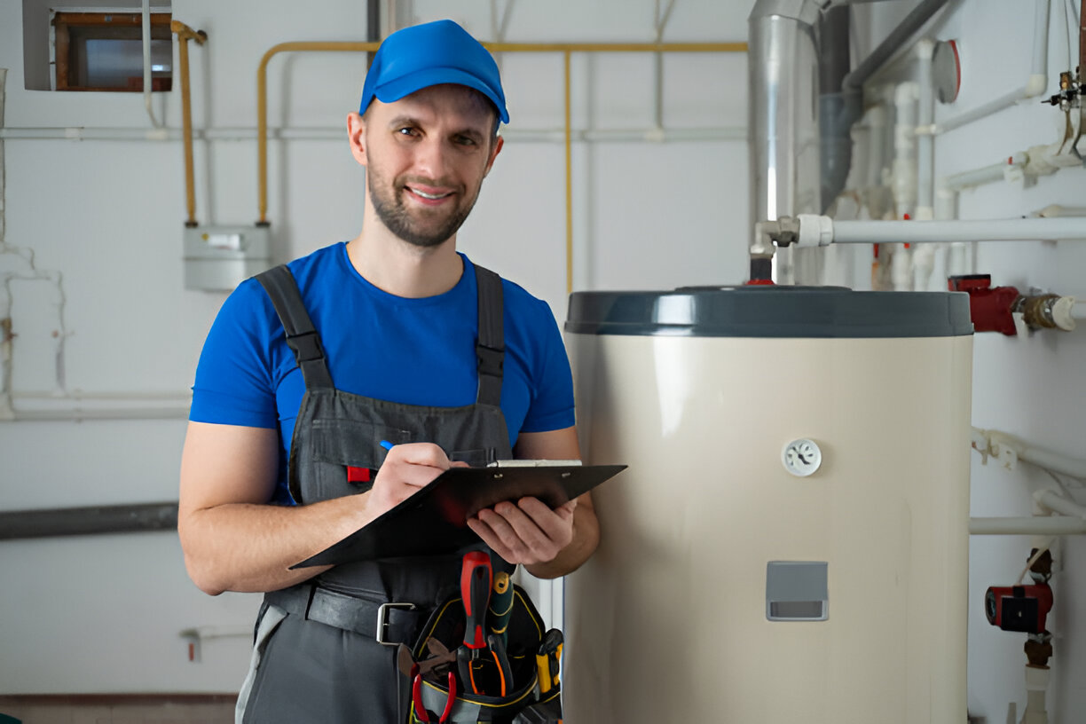 Technician in blue cap checking water heater with clipboard