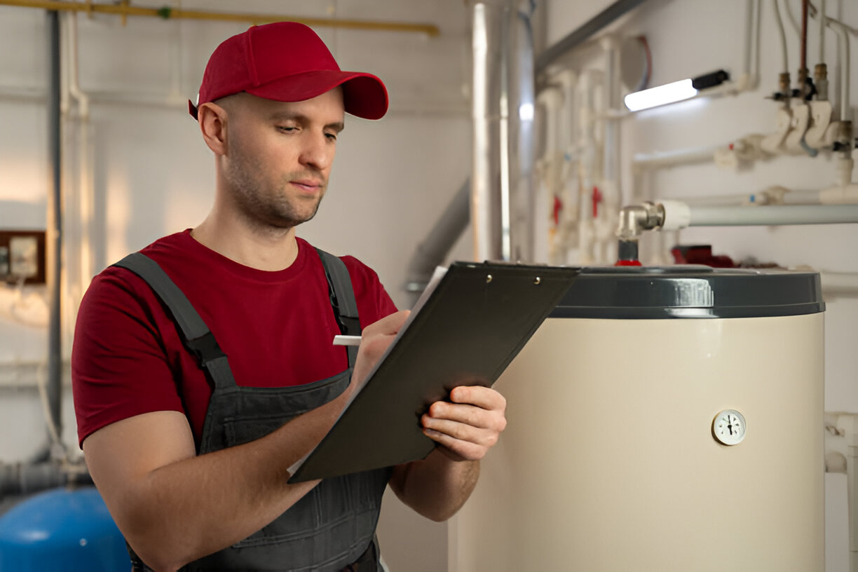 Technician in red cap checking equipment clipboard near water heater