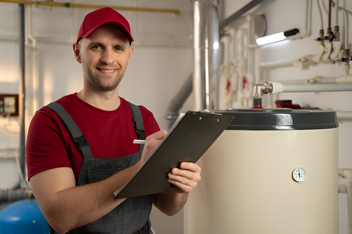 Technician in red cap and overalls checking equipment in mechanical room