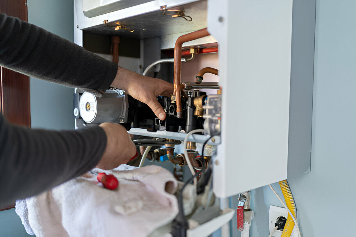 Technician repairing internal components of a water heater or boiler