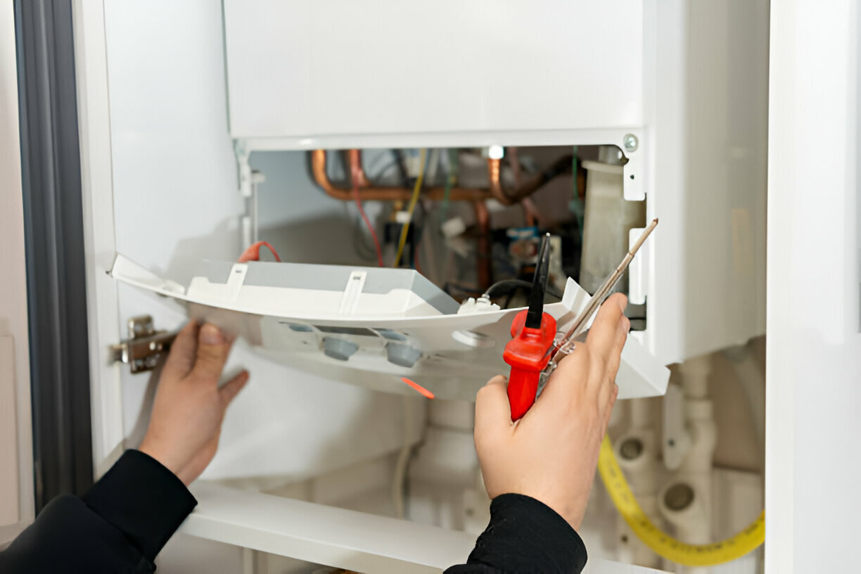 Technician repairing electrical components inside an open white panel