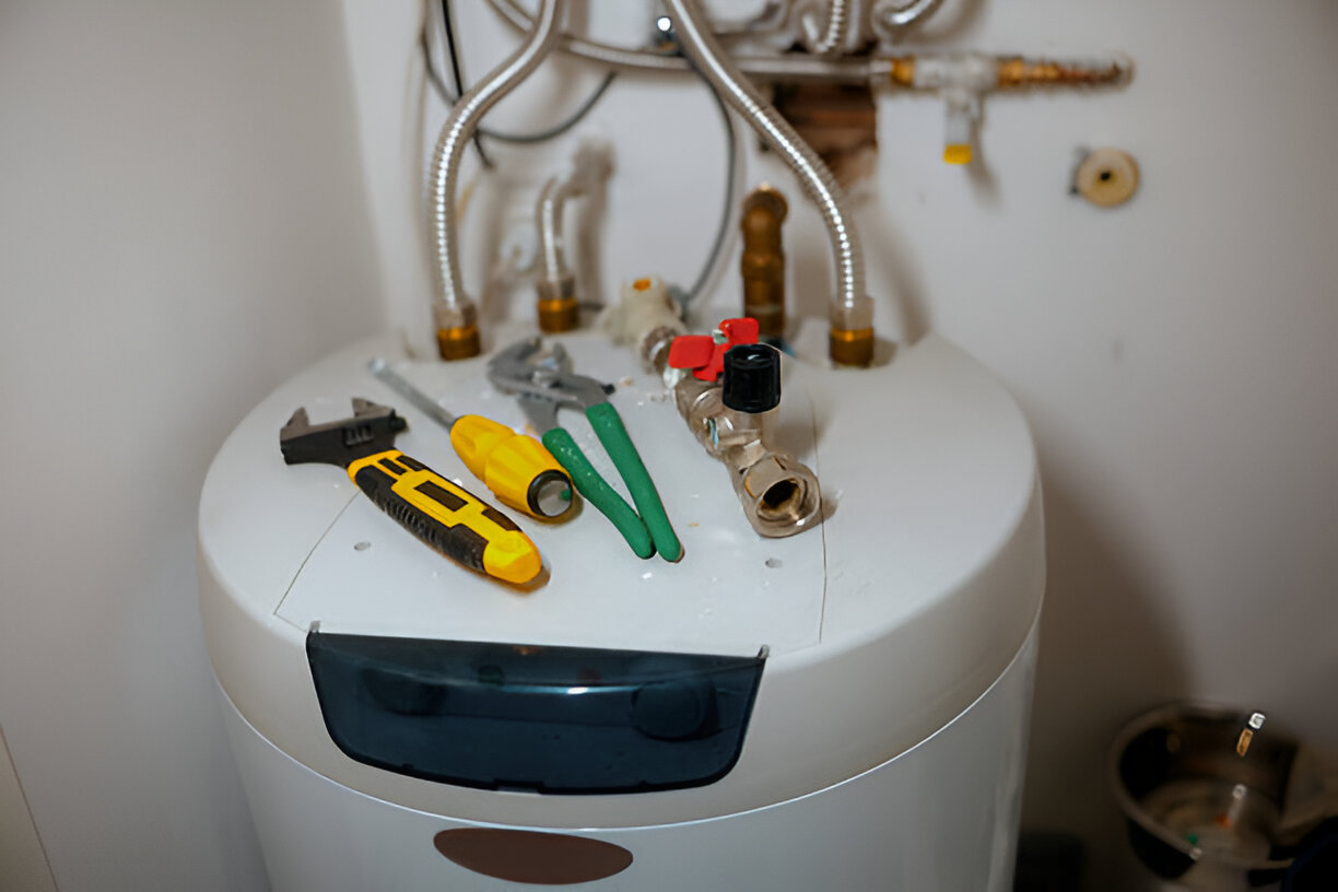 Tools and plumbing parts on top of a water heater with pipes and valves