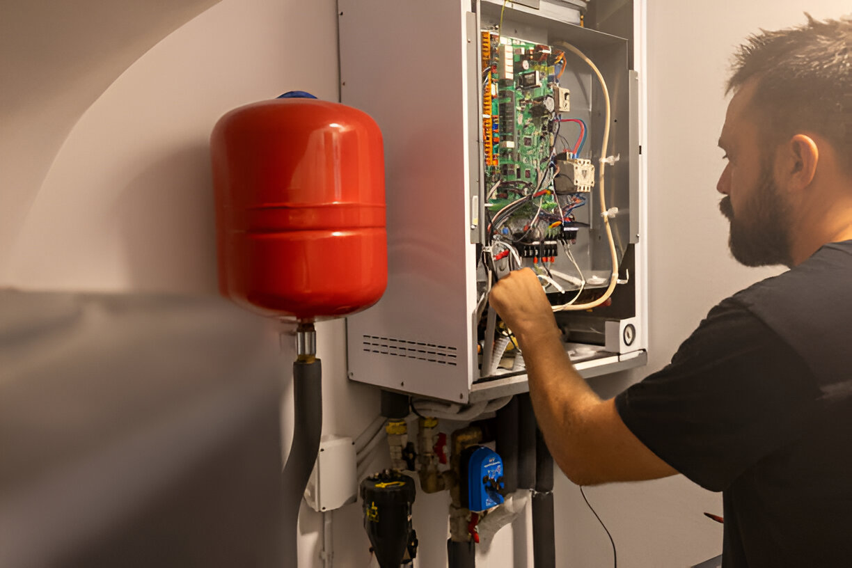 Technician repairing electrical control panel with red expansion tank nearby
