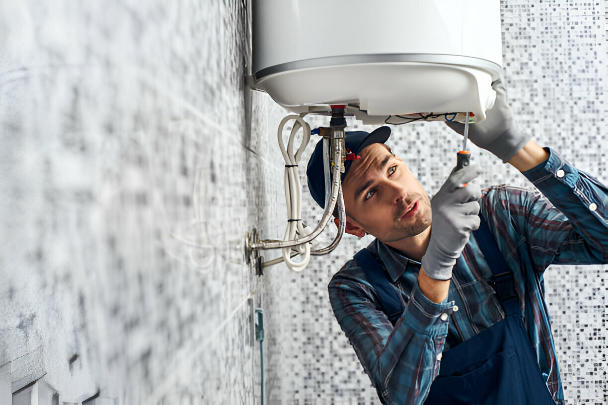 Plumber installing water heater in tiled bathroom with focused expression