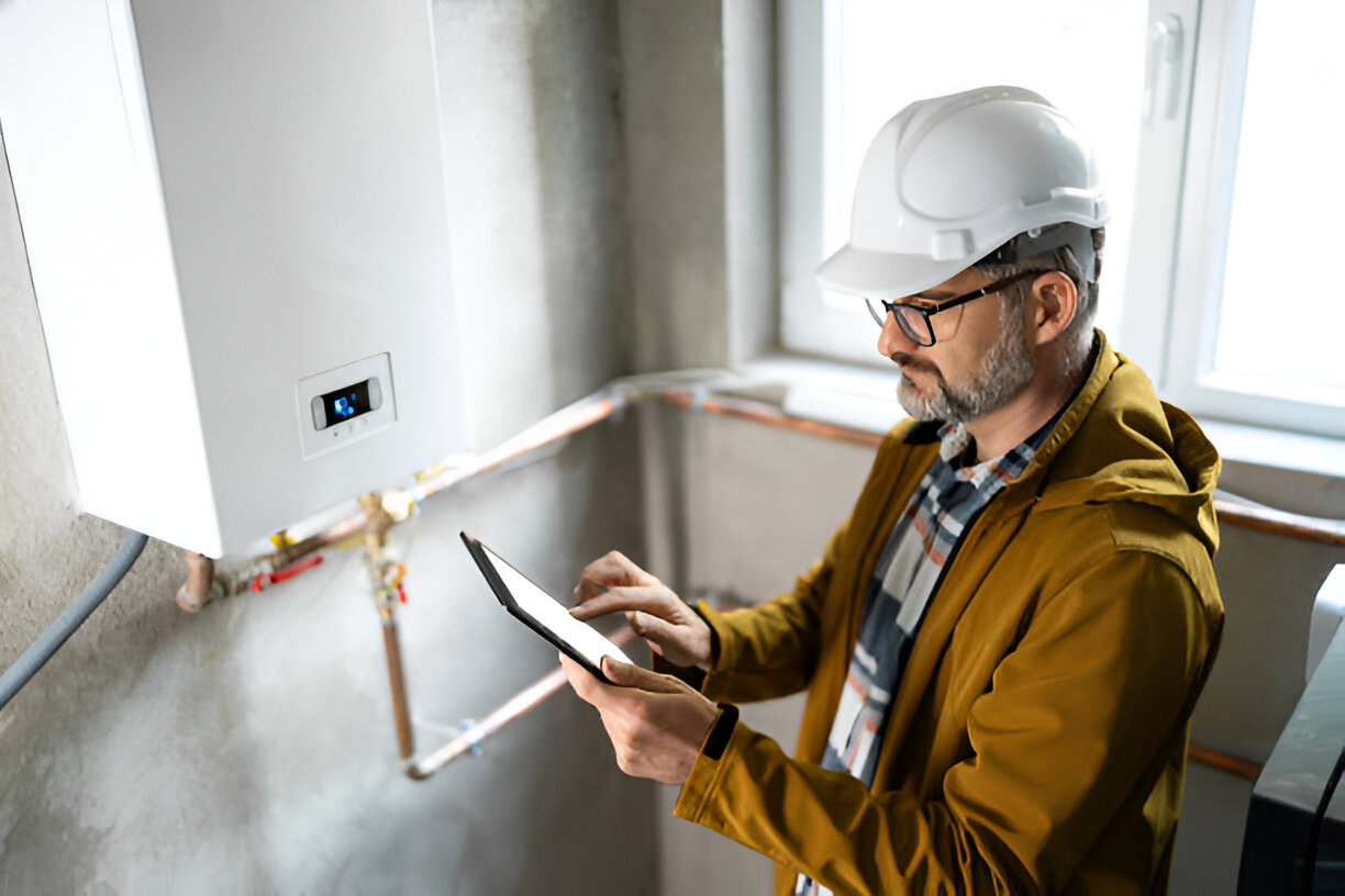 Construction worker in hard hat checks tablet near electrical pipes