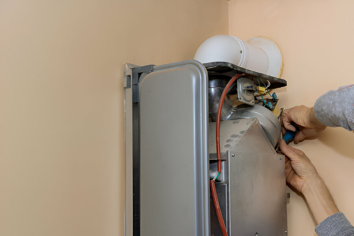 Technician repairing an electrical box with exposed wires and components
