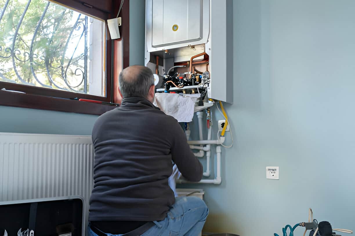 Technician repairing boiler, working on internal components near window