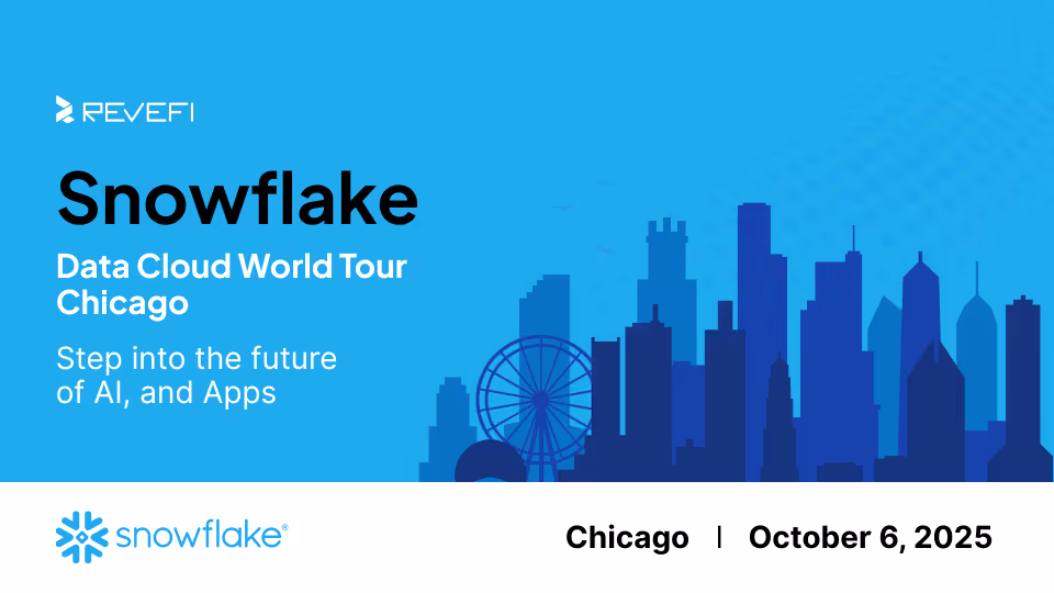 Promotional banner for Snowflake Data Cloud World Tour in Chicago on October 6, 2025, with a blue background and Chicago skyline silhouette.