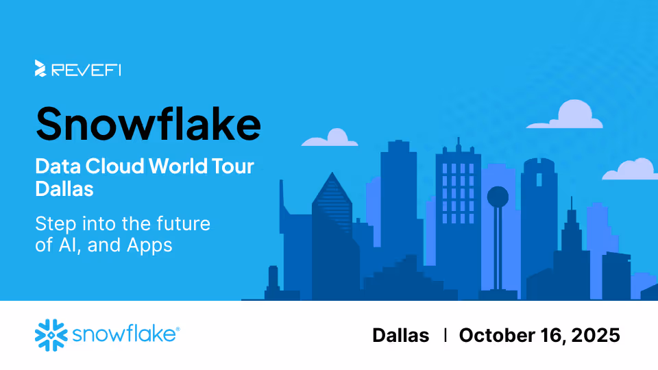 Promo banner for Snowflake Data Cloud World Tour Dallas on October 16, 2025, featuring a blue city skyline and text about AI and apps.