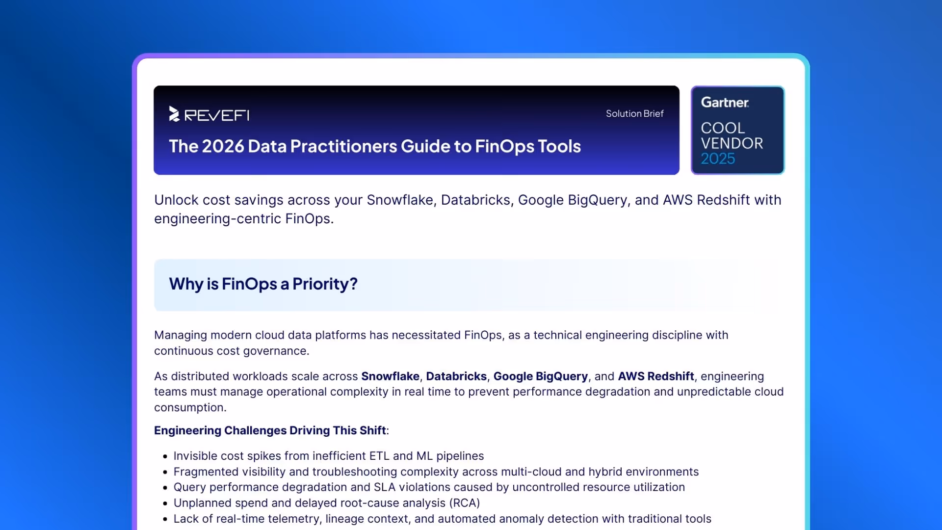 Document titled 'The 2026 Data Practitioners Guide to FinOps Tools' by Revefi, highlighting cost savings for Snowflake, Databricks, Google BigQuery, and AWS Redshift with engineering-focused FinOps, and listing key engineering challenges driving the shift to FinOps.