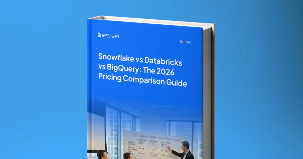 Blue ebook cover titled 'Snowflake vs Databricks vs BigQuery: The 2026 Pricing Comparison Guide' with a photo of business people discussing a chart.