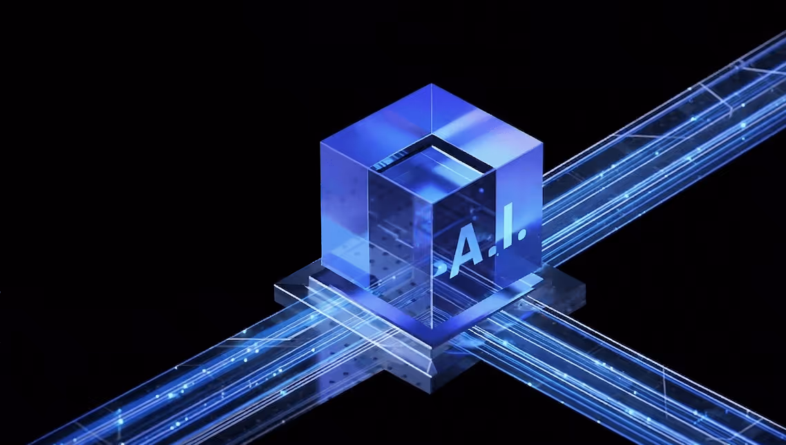 Glowing transparent cube labeled A.I. intersected by luminous blue data streams on a dark background.