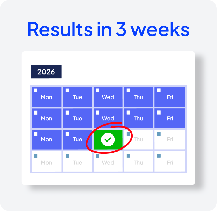 Results in 3 weeks illustration showing a calendar with a completed milestone