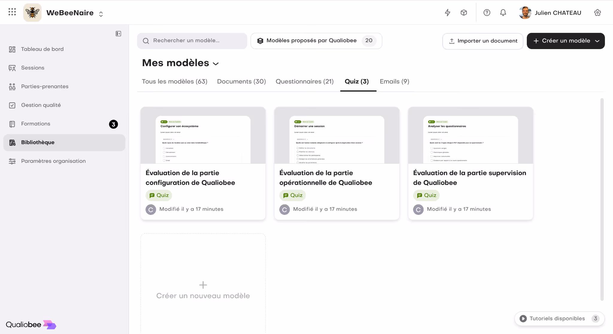 Interface quiz d'évaluation des compétences