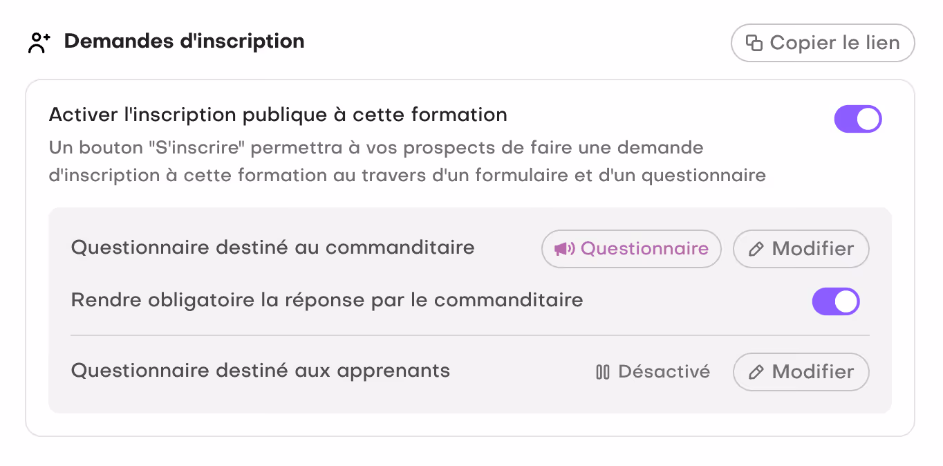 Interface du questionnaire intégré à l’inscription