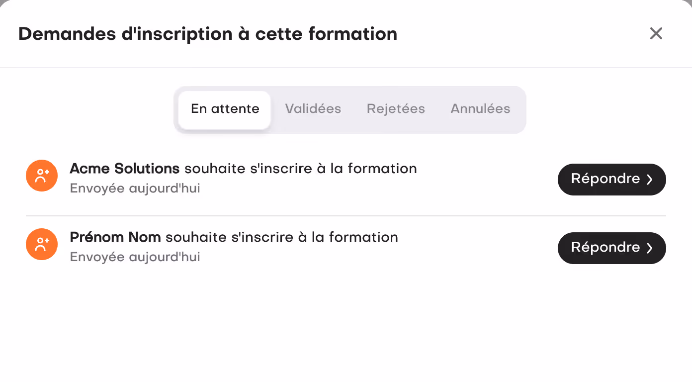Interface de gestion complète des inscriptions