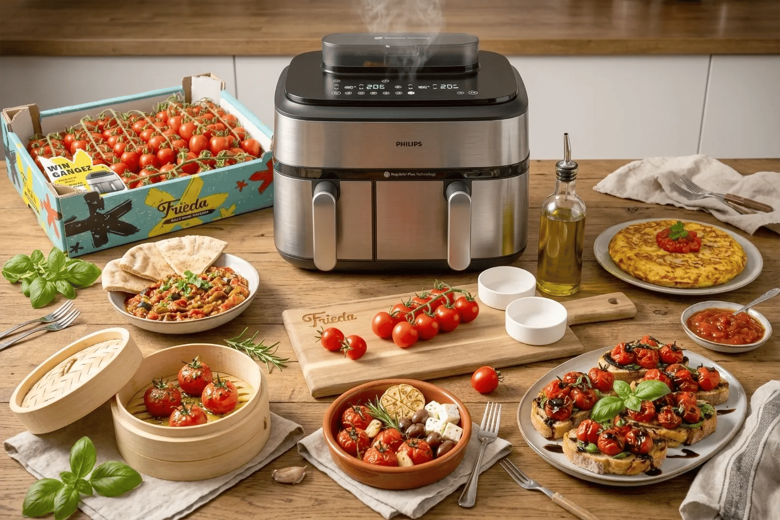 an inviting table with olive oil, Frieda tapas tomatoes and a variety of delicious tapas. The tapas are hot because they are prepared with an airfryer