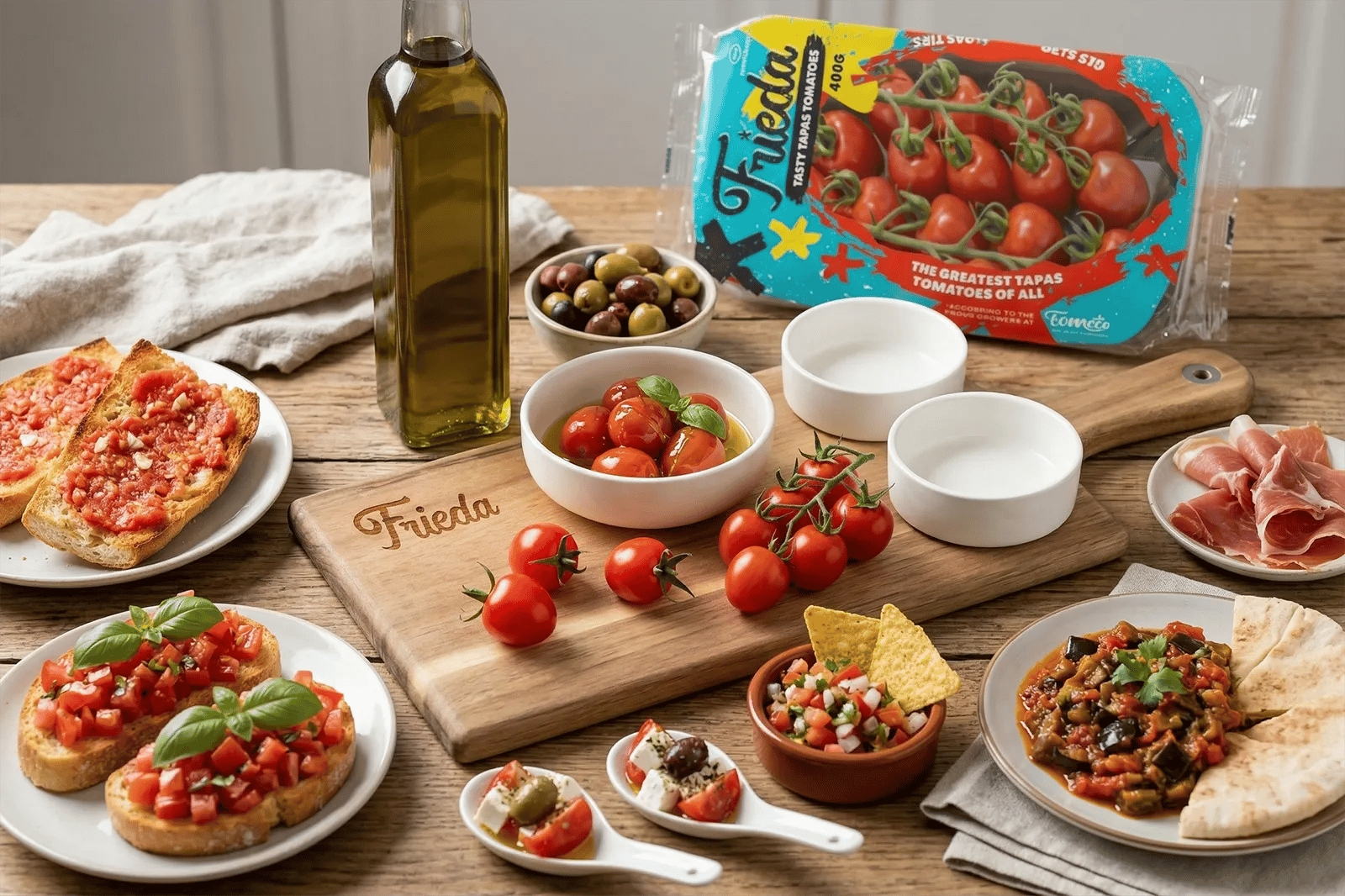 an inviting table with olive oil, Frieda tapas tomatoes and a variety of delicious tapas