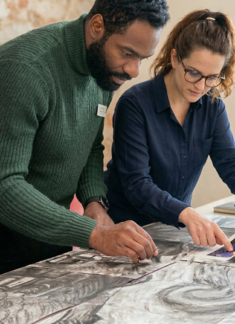 Deux collaborateurs échangent sur la réalisation de leur partie de dessin respective durant un atelier en montrant des détails de chaque réalisation.