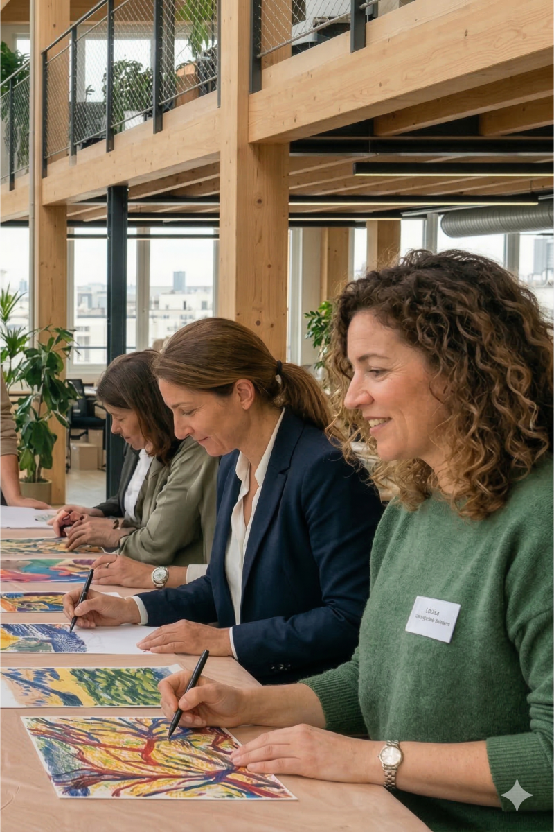 Une personne dessine avec un stylo fin sur une grande feuille blanche avec des taches colorées à l'aquarelle, à côté d'une palette de peinture et d'un carnet jaune.