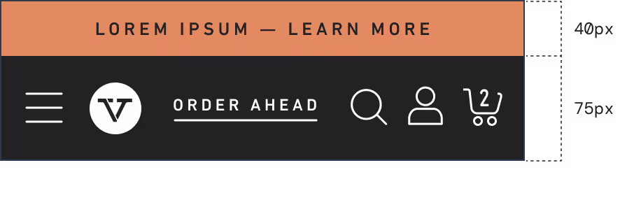Navigation with a hamburger menu and link icons.