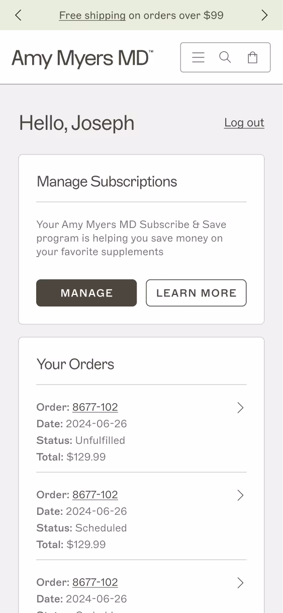 An account page that reads "hello Joseph" with information on orders.