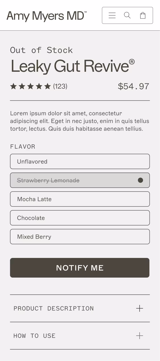 Out of stock Leaky gut revive info section on a product detail page