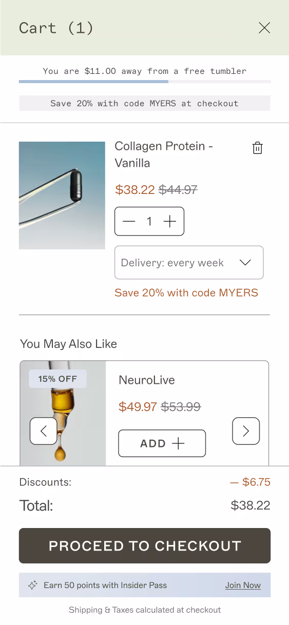 A cart with 1 item and a cross-sell. 