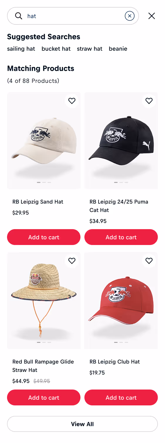 Suggested searches and matching products with four product cards and a "view all" button"