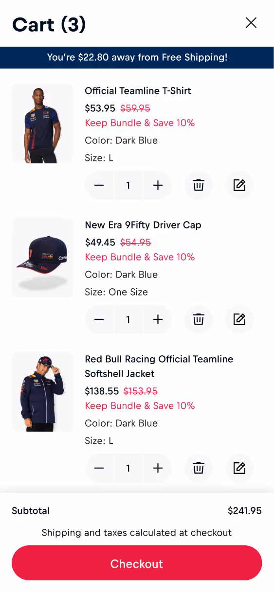 A cart page with three items added and information on the bundle added to cart.