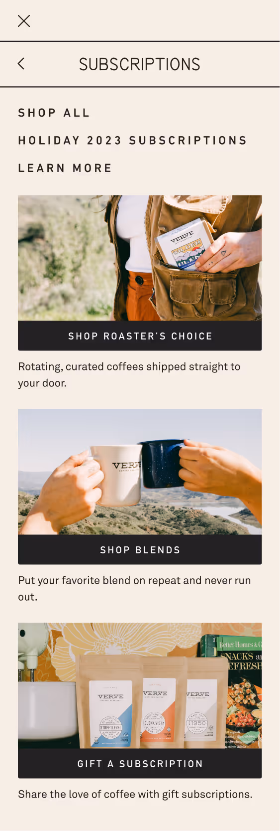 Subscriptions mega-menu with links and category blocks.
