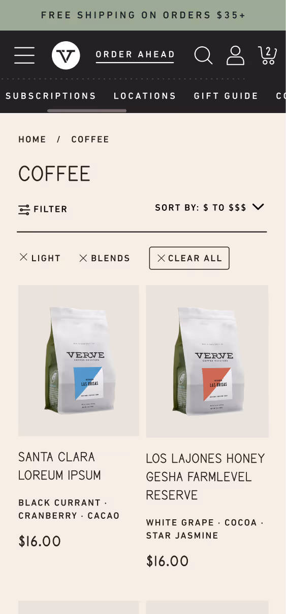 A "coffee" title, filters, and a product grid with two product cards.