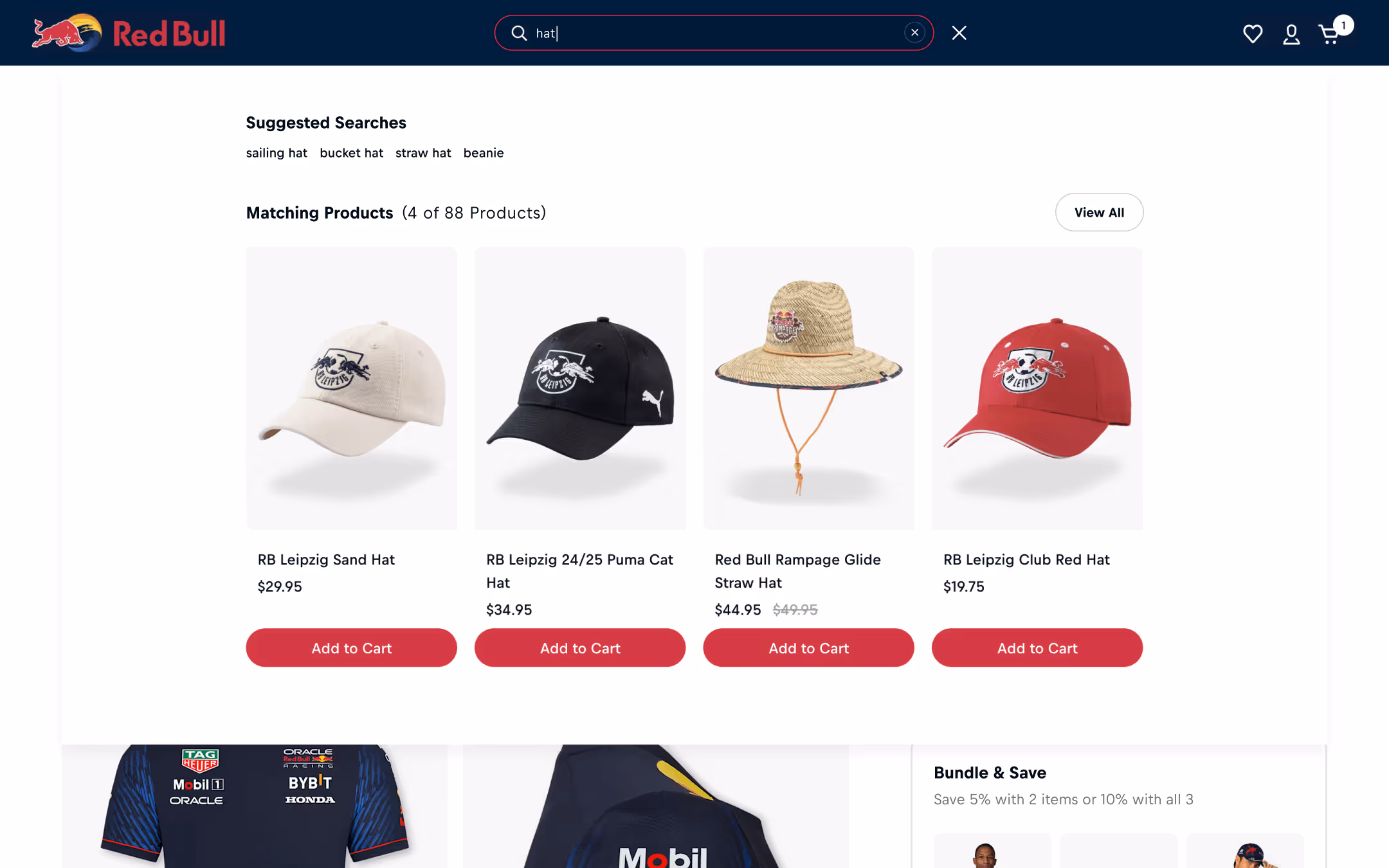 Suggested searches and matching products with four product cards and a "view all" button"